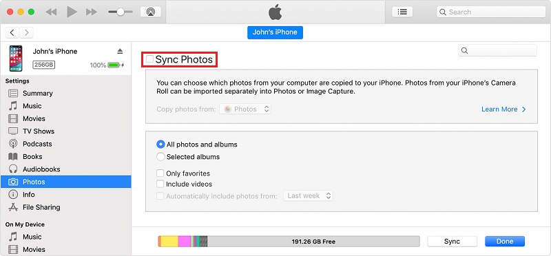 turn off sync photos on itunes