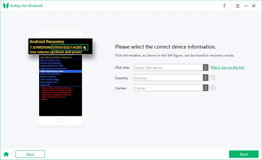 正しいSamsung PDA情報を選択 - 4uKey for Androidのガイド