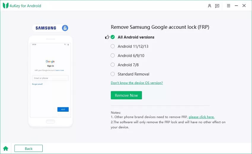bypass google account lock on android via frp bypass tool - select android os version