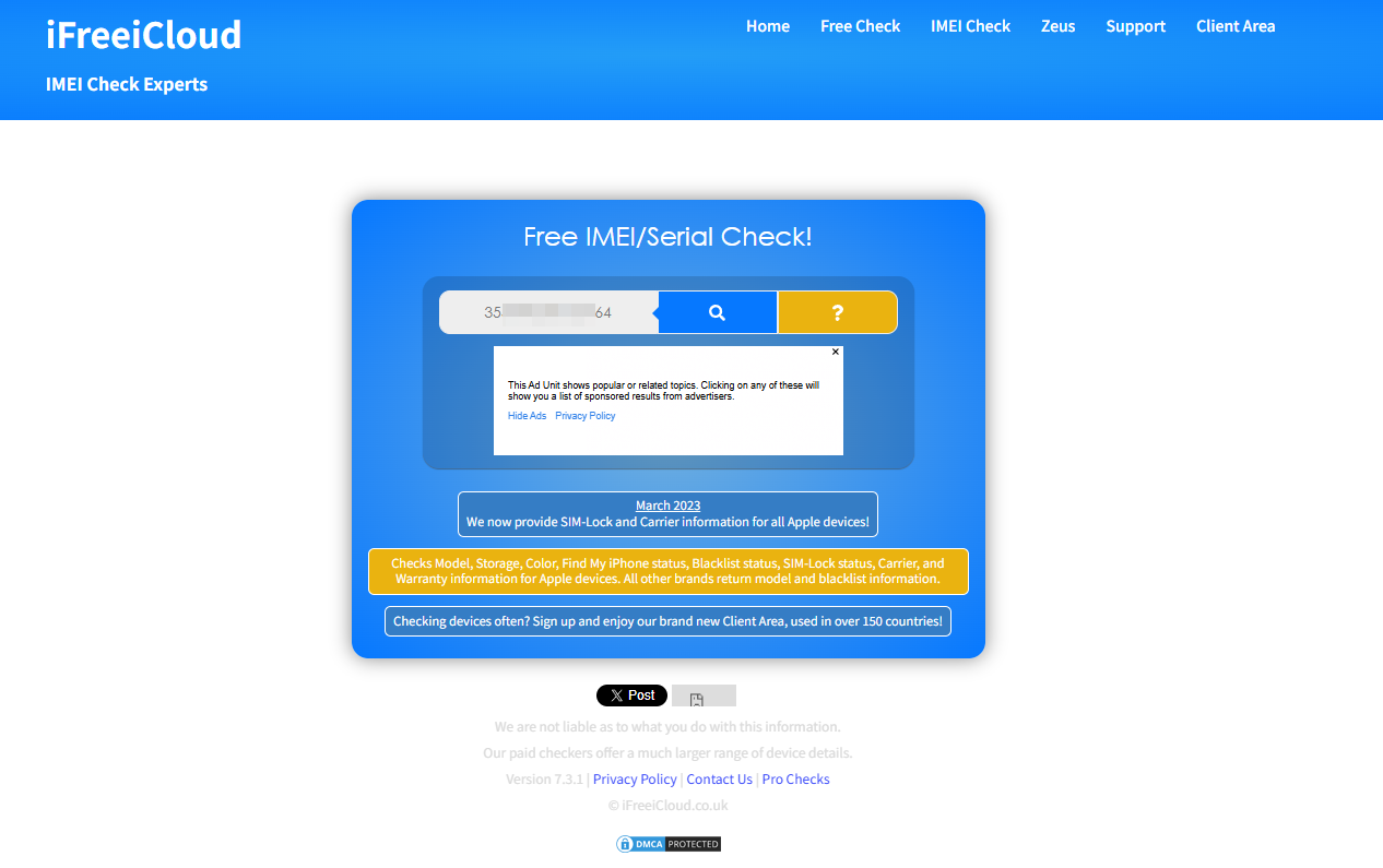Enter the IMEI on the verification page