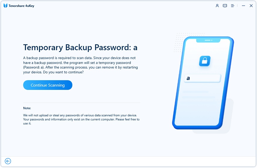 enter temporary backup password to start scanning passwords