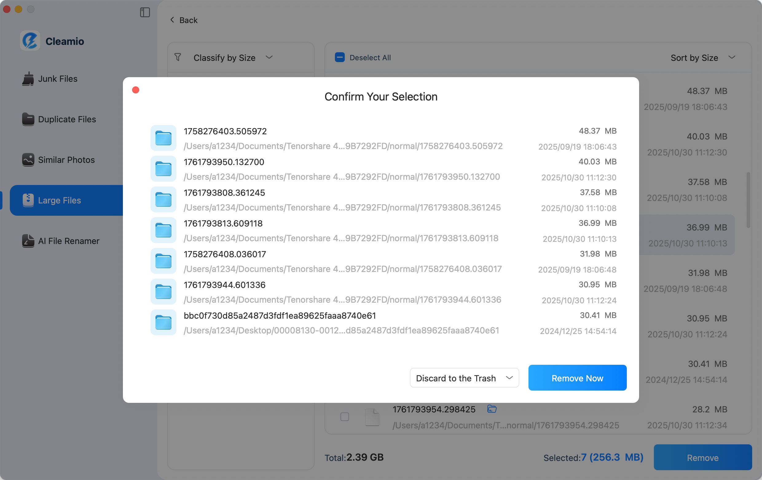 confirm to remove selected large files