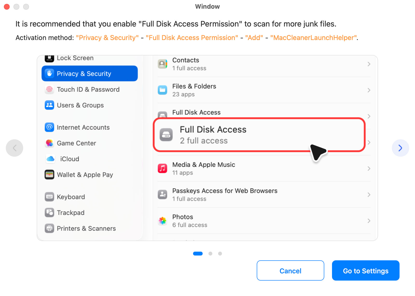 enable full disk access to scan all junk files