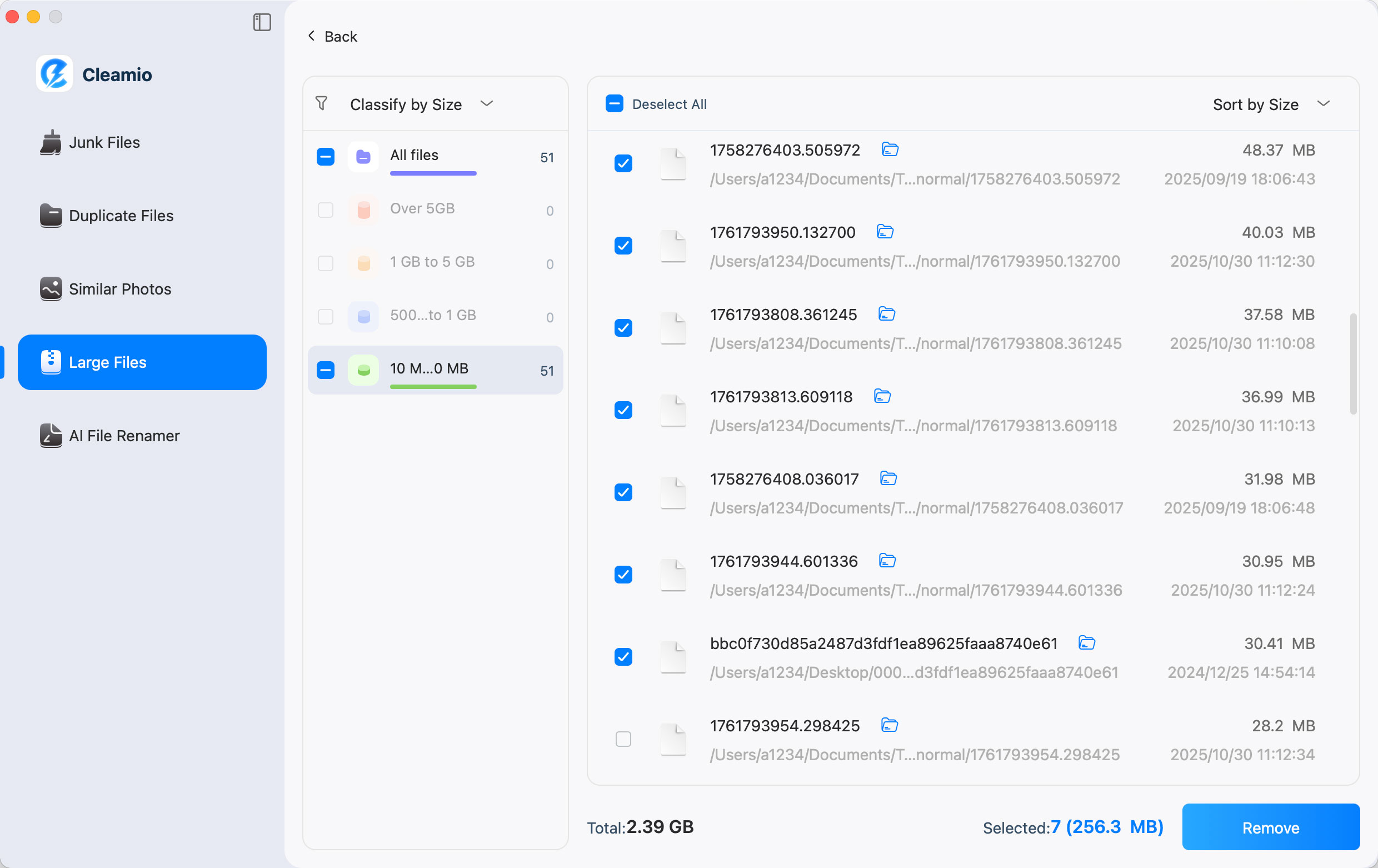 sort and delete mac large files
