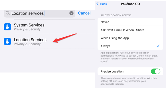 Pokémon GO location Always Allow