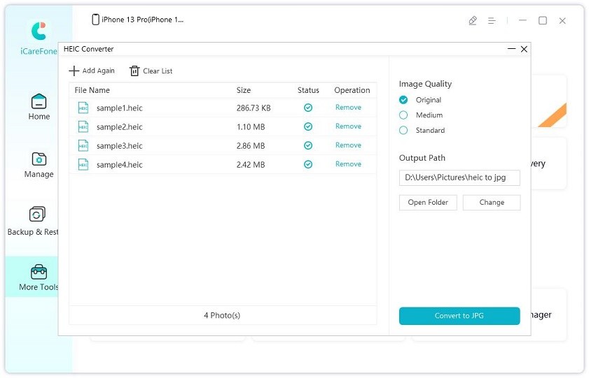 iCareFone convert heic to jpg