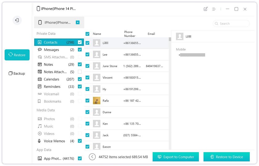 choose contacts backup for restoring