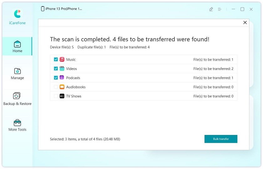transfer device media files to itunes - icarefone guide