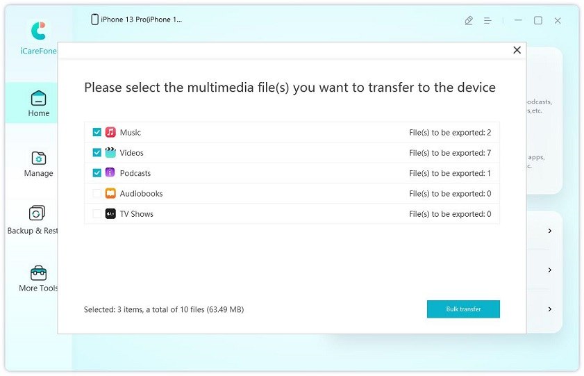 transfer device media files to itunes - icarefone guide