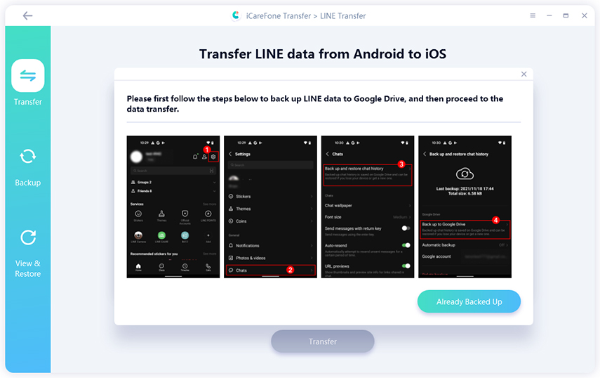 back up line history to google drive
