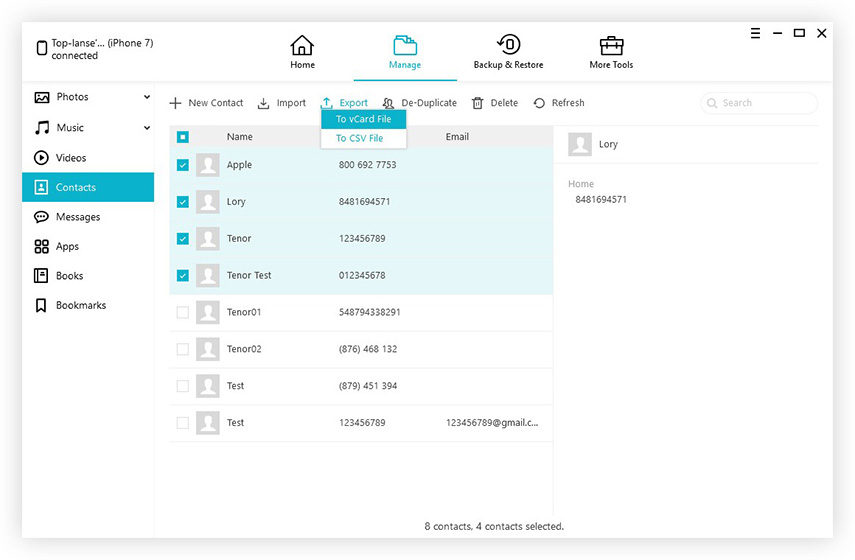 select contacts to be transferred