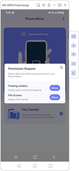 allow permissions of phone mirror app