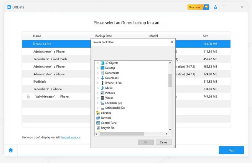 import iTunes backup - UltData guide