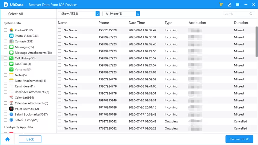 preview and recover call history