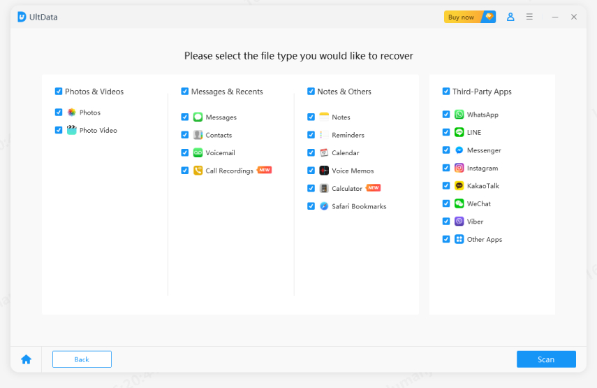 
selecting data types to scan