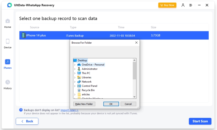 import iTunes backup- UltData WhatsApp Recovery guide