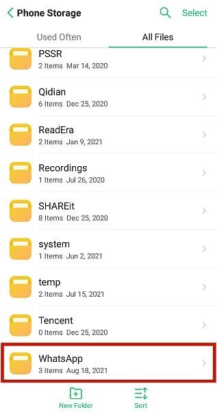 abra o WhatsApp no gerenciador de arquivos