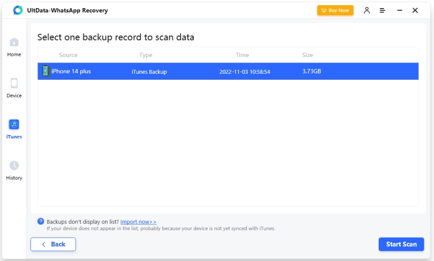 삭제된 백업 파일 선택하기 -UltData WhatsApp 데이터 복구 가이드