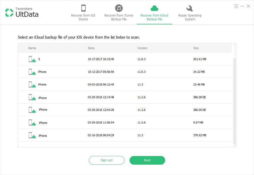 Select iCloud backup to restore iPad videos