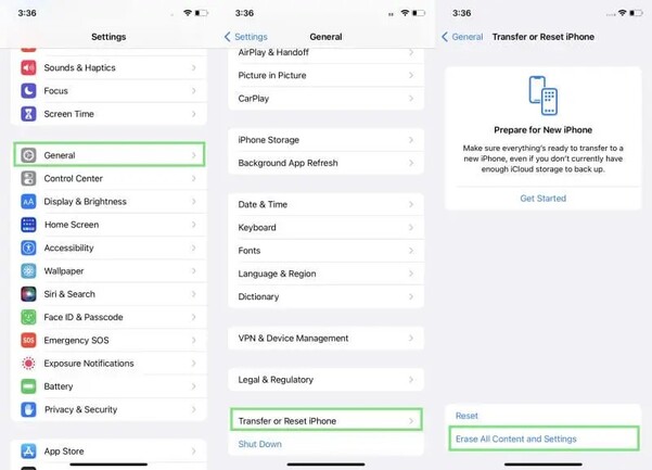 choose the erase all content and settings
