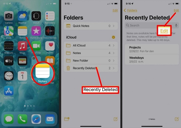 Öffnen Sie Notizen und suchen Sie den kürzlich gelöschten Ordner