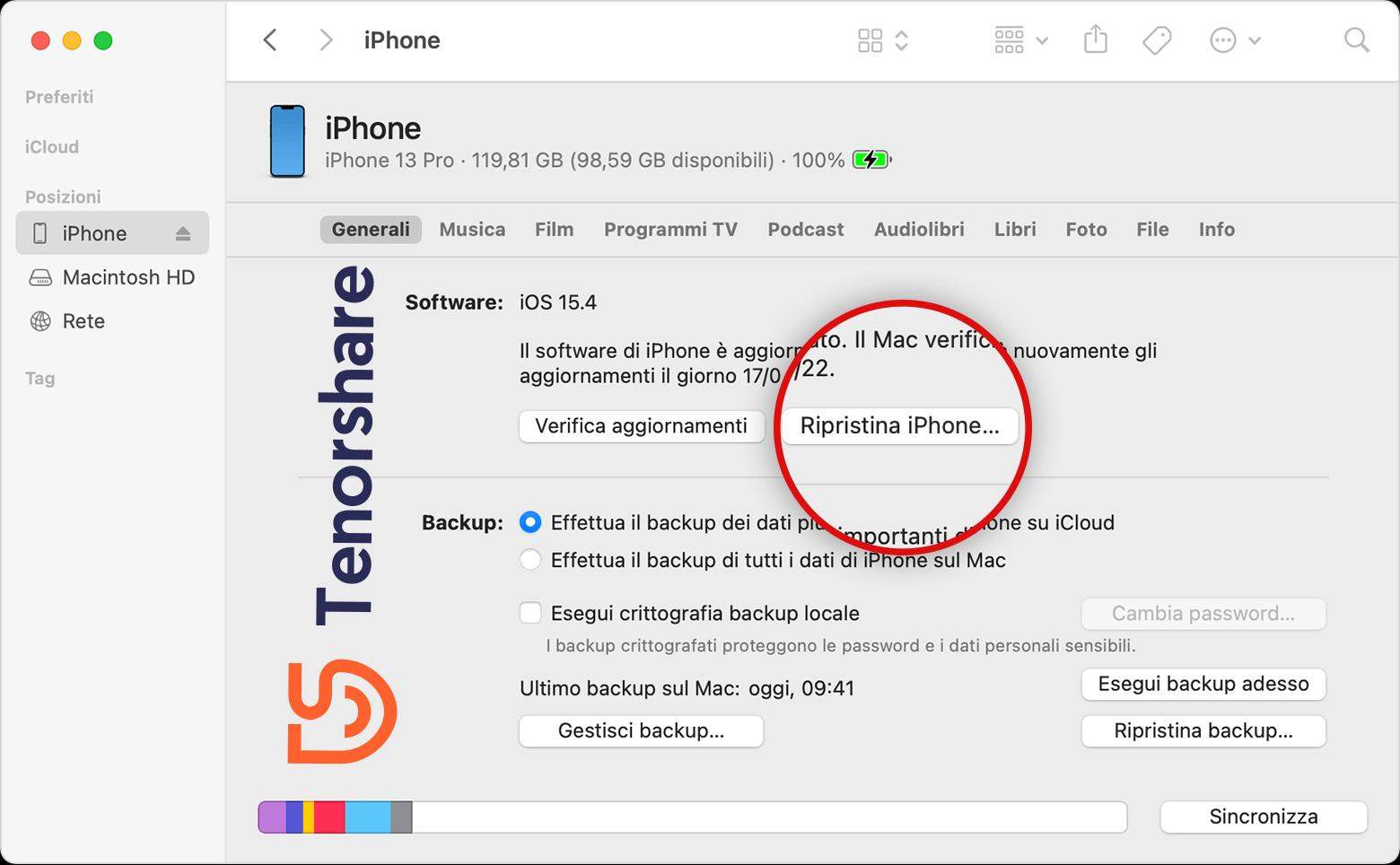 reset di fabbrica iPhone con iTunes