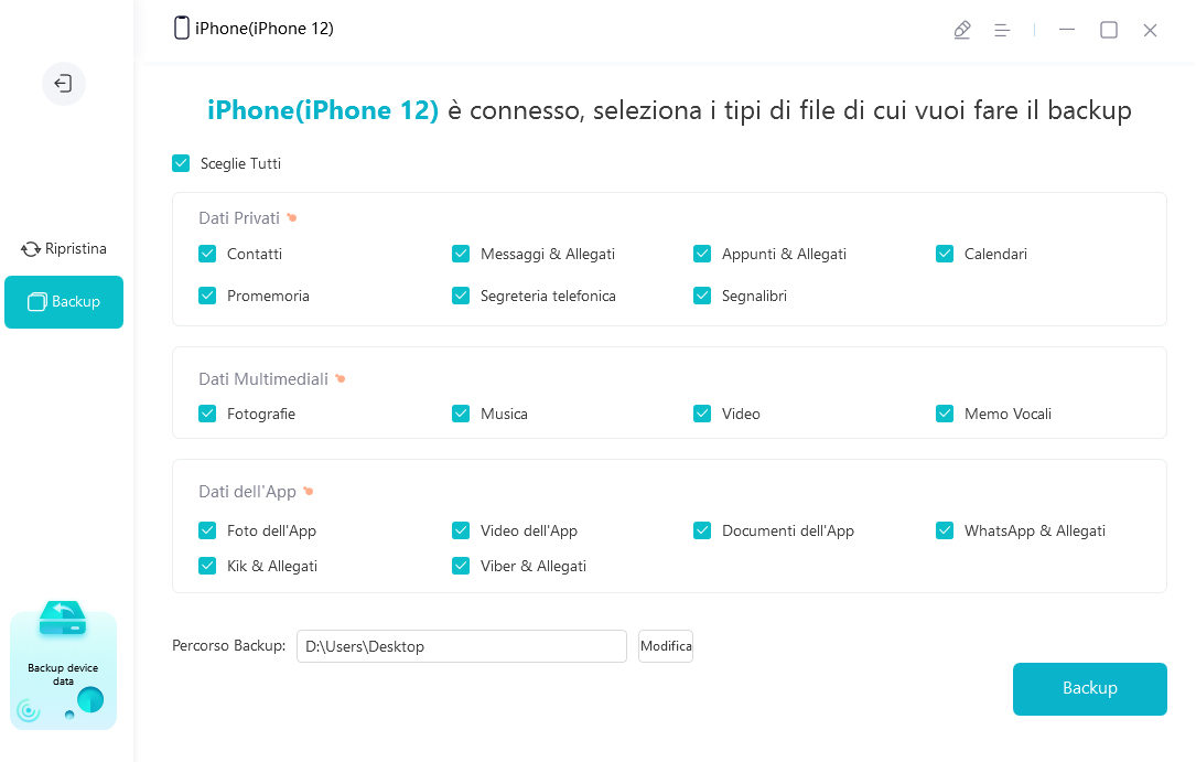 seleziona i file per il backup
