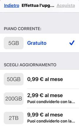 aggiornamento dello spazio icloud