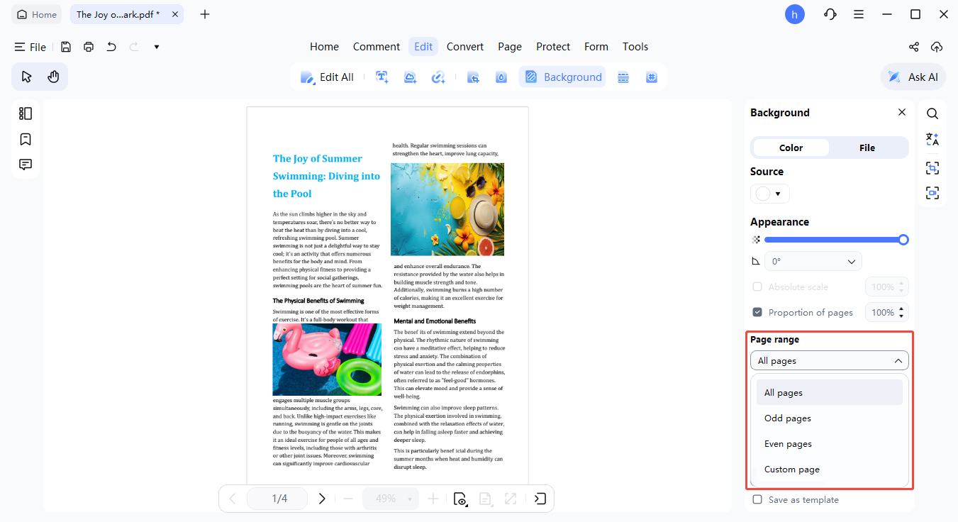 rango de páginas del fondo