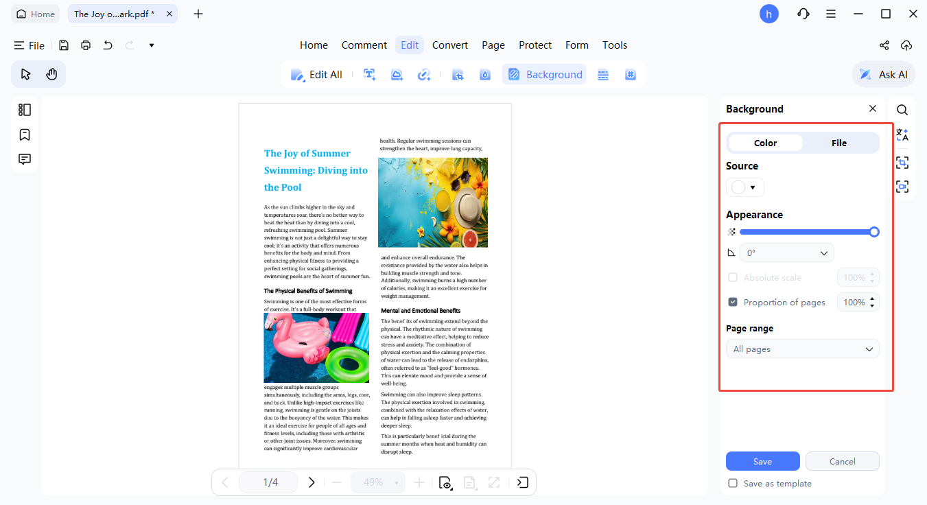 configuración de fondo