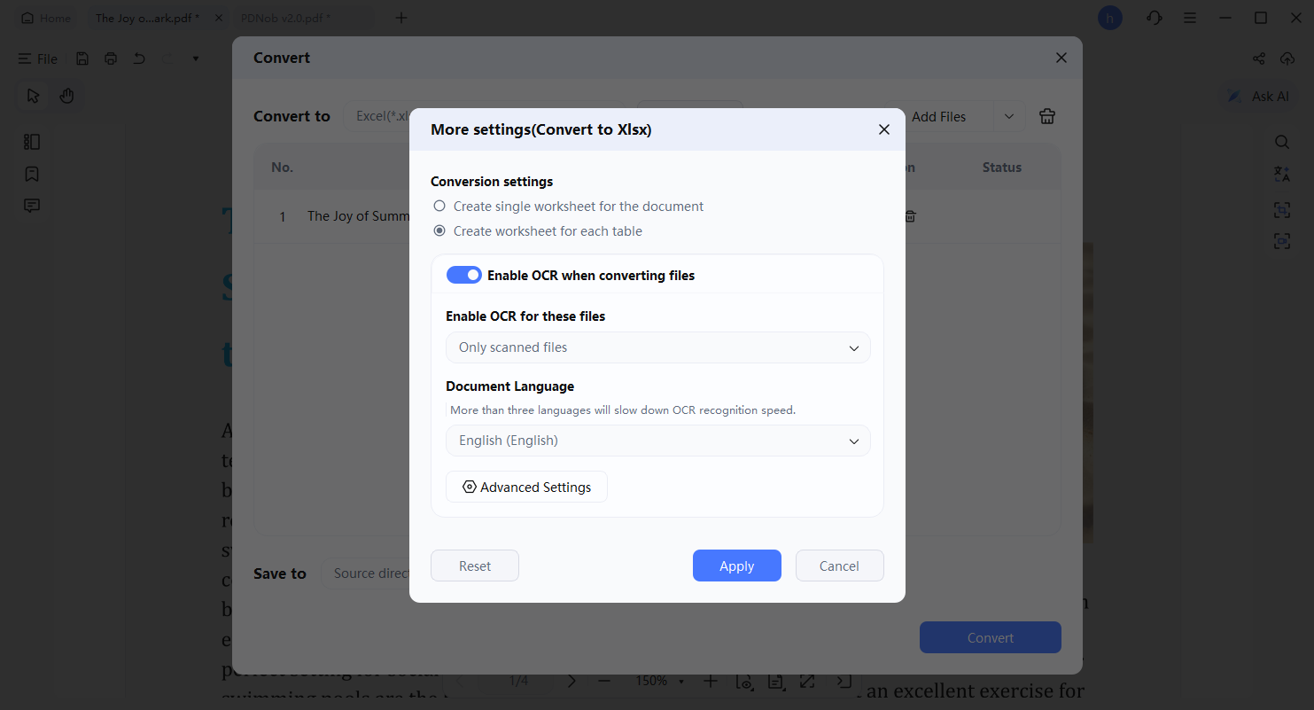configuración de conversión a excel