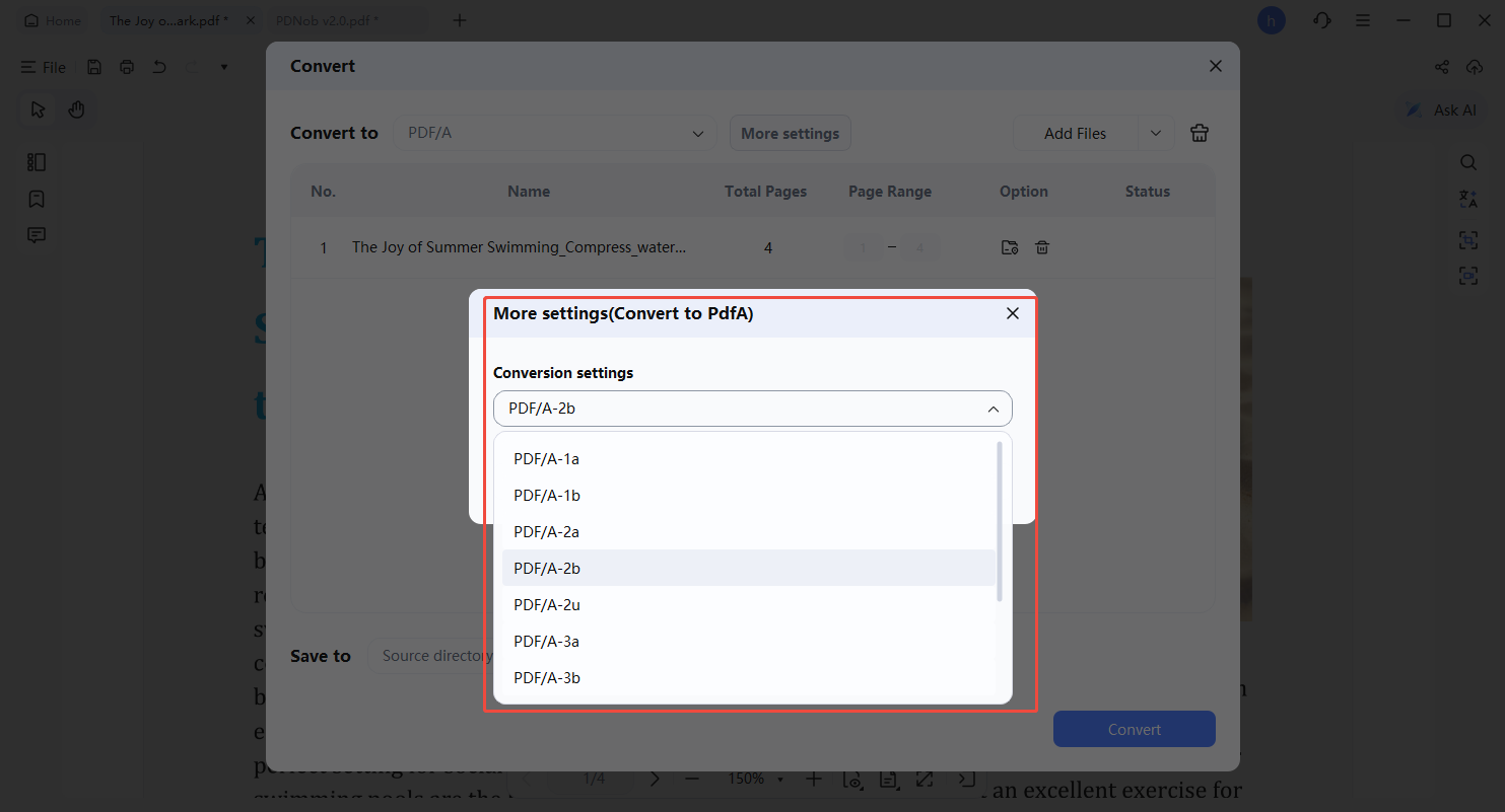 configuración de conversión a pdf/a
