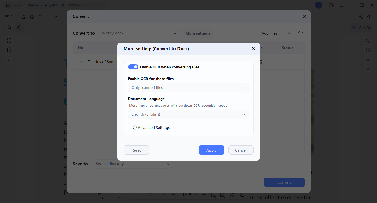 configuración de conversión a word