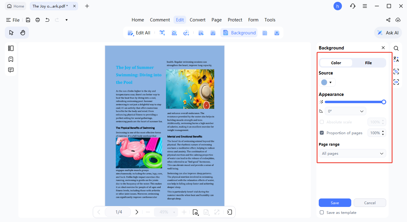 editar configuración de fondo existente
