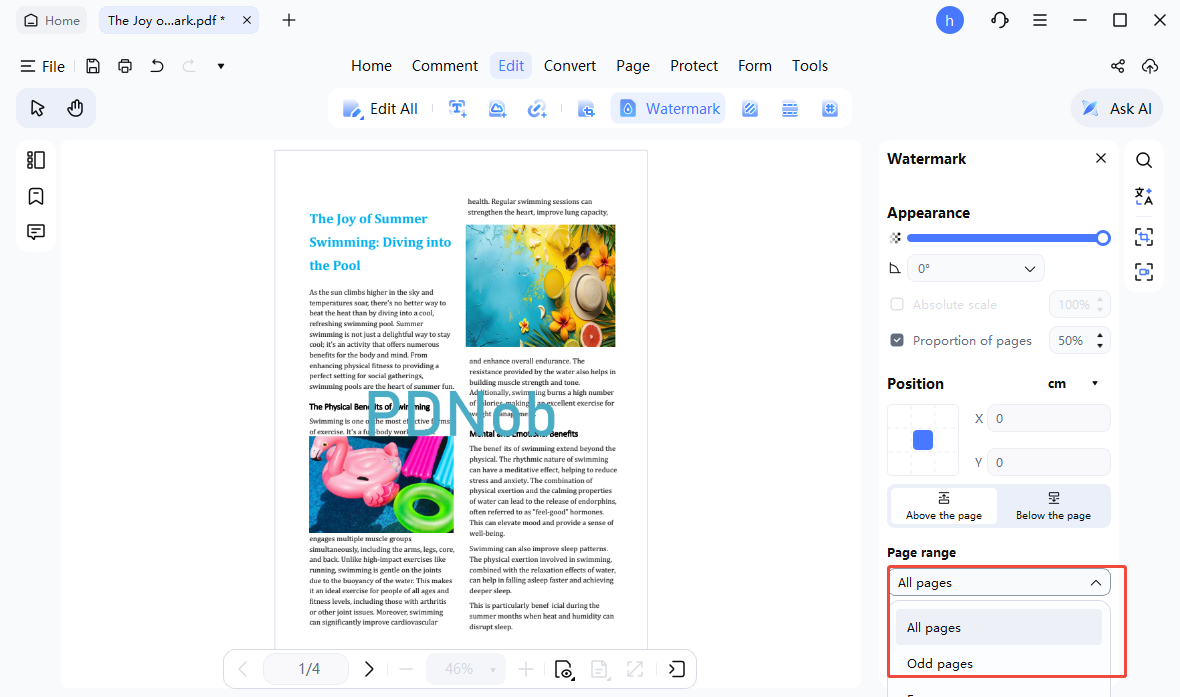 rango de páginas de la marca de agua