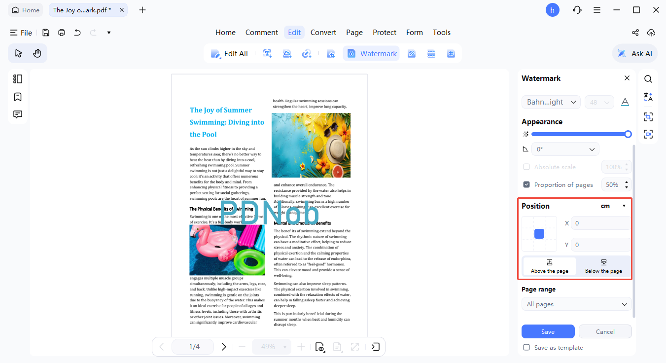 posición de la marca de agua