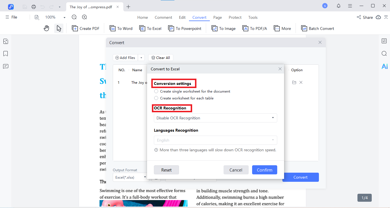 convert to excel settings