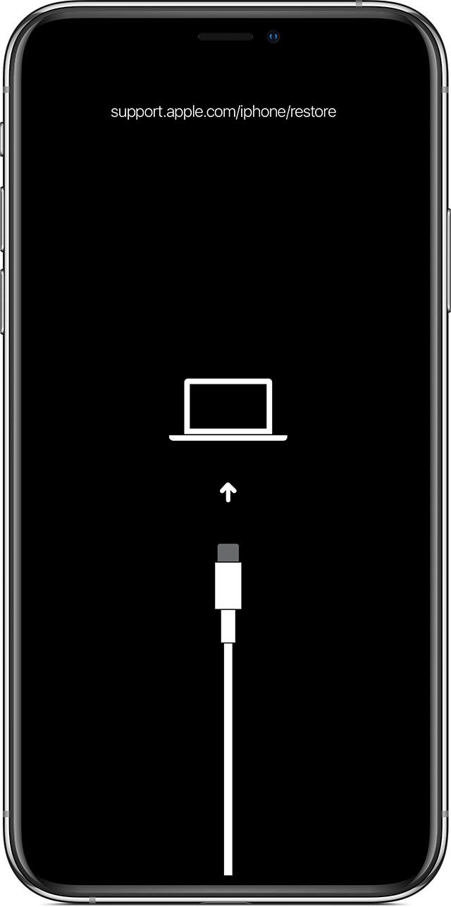 iPhone на экране Recovery Mode с кабелем и компьютером
