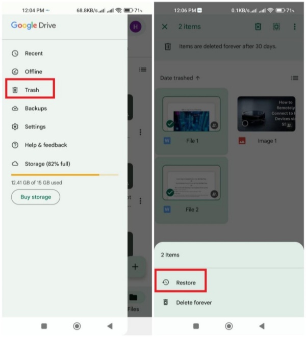 recovering files from google drive trash