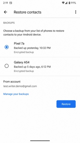 Restore Contacts from Google Account