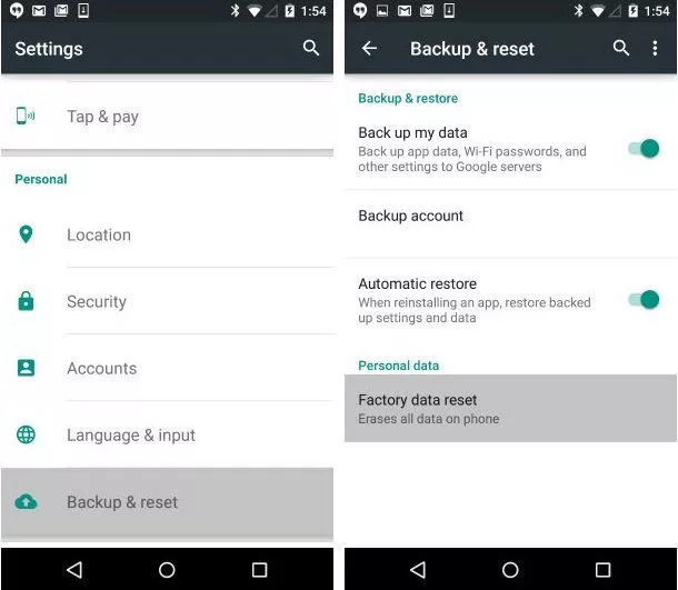 scegli di ripristinare i dati di fabbrica sul telefono Samsung
