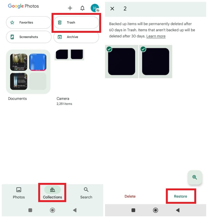 retrieve pictures from trash