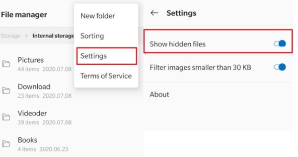 show hidden files with es files manager