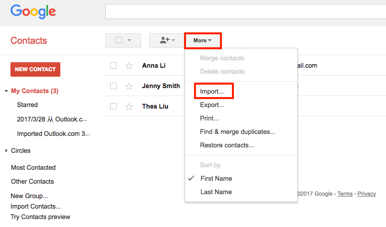 import contacts to google