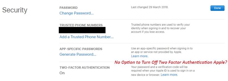 no option to turn off two factor authentication apple