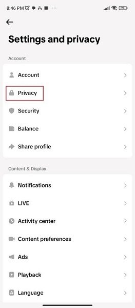 tap settings and privacy