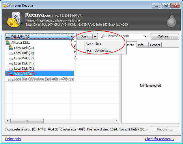 recuva scan memory card