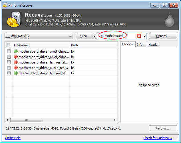 recuva search specific file