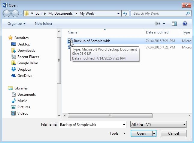 how to find word backup files