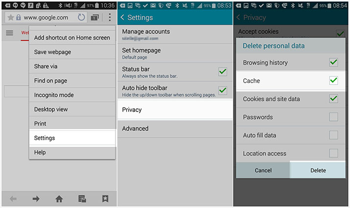 how to erase browsing cache for android phone